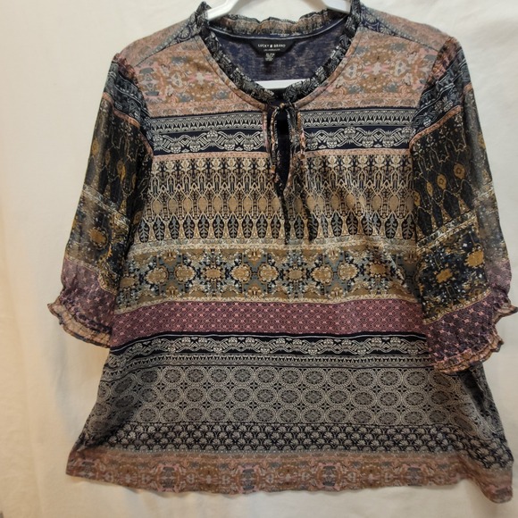 Lucky Brand Tops - Lucky Brand Womens XL Mixed Border Print Boho Ruffle Tie Neck 3/4 Sleeve Blouse